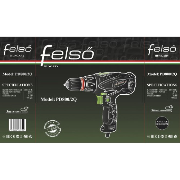 Дрель-шуруповерт PD800/2Q Felső: 800Вт, 2 скорости, 350/750 об/мин.