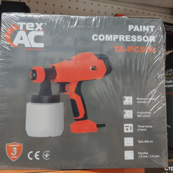 Качественный краскопульт TEX.AC TA-PC500: 500 Вт, бак 800 мл, 900 мл/мин, форсунка 2.6 мм