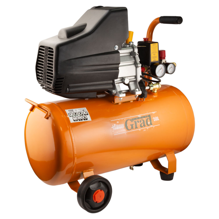 Мощный одноцилиндровый компрессор Grad : 1.5кВт, 198л/мин, 8 бар, 50л (2 крана) GRAD (7043565)