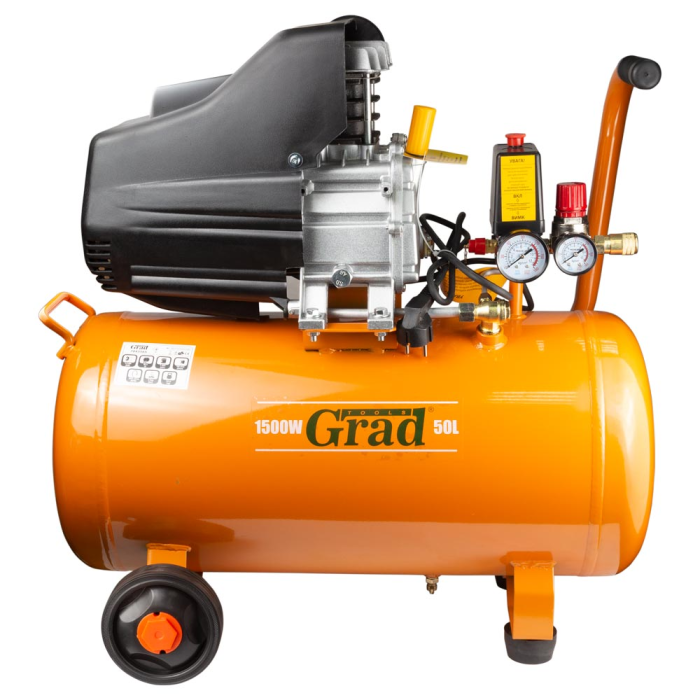 Мощный одноцилиндровый компрессор Grad : 1.5кВт, 198л/мин, 8 бар, 50л (2 крана) GRAD (7043565)