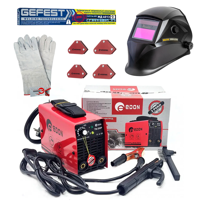Набор для сварщика EDON TB-250 P: 5 единиц (сварка, маска, электроды, варежки и уголки)
