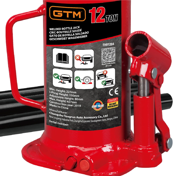 Домкрат гидравлический 12т GTM TH91204 бутылочный одноштоковый: высота подъема 460 мм, грузоподъемность 12 т
