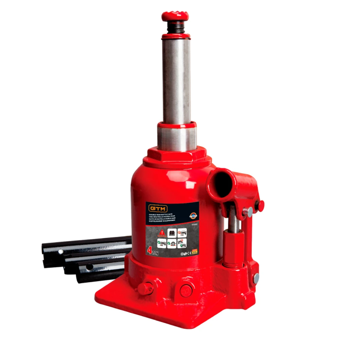 Домкрат гідравлічний пляшковий 4т GTM TF0402 двоштоковий : висота підйому 390 мм, вантажопідйомність 4 т