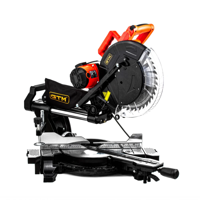 Ручная торцовочная пила с протяжкой по дереву GTM HM1245 : 1800 Вт, глубина реза 105 мм, диск 305 мм