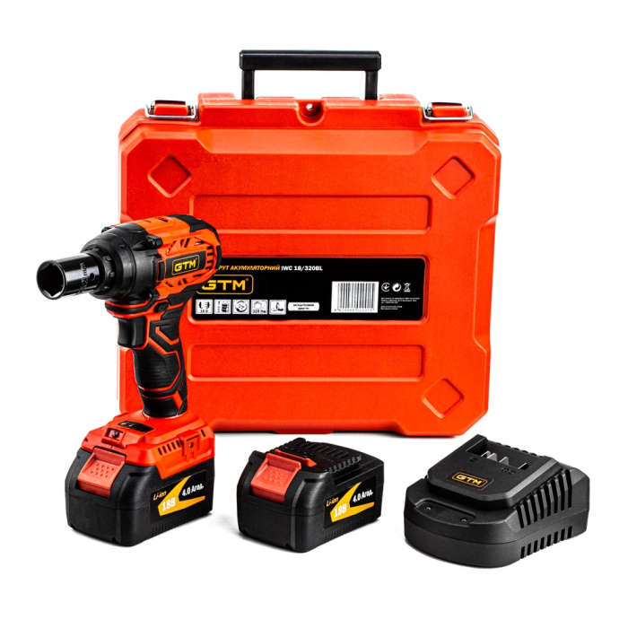 Профессиональный аккумуляторный ударный гайкокрут GTM IWC18/320BL: с АКБ 2-шт 18V 4 Аh, 320 Нм, 1/2"