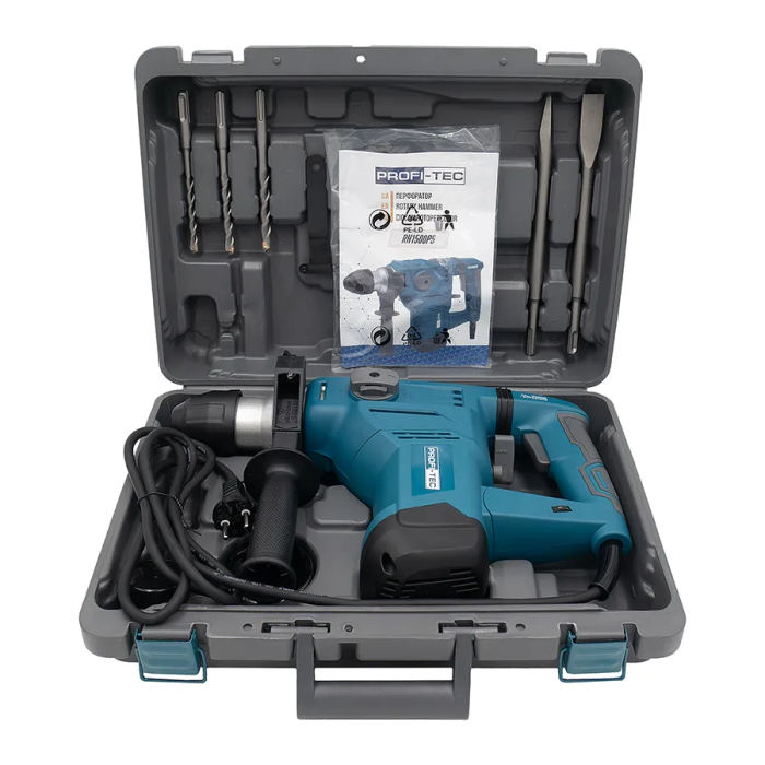 Мощный ударный перфоратор PROFI-TEC RH1500P5 : 1500 Вт, 5 Дж, набор буров (007084)