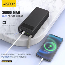 Power Bank Aspor A306 Fast Charge 30000mAh (USB-C/USB/Type-C/Lightning/22.5W)- чорний (900124)