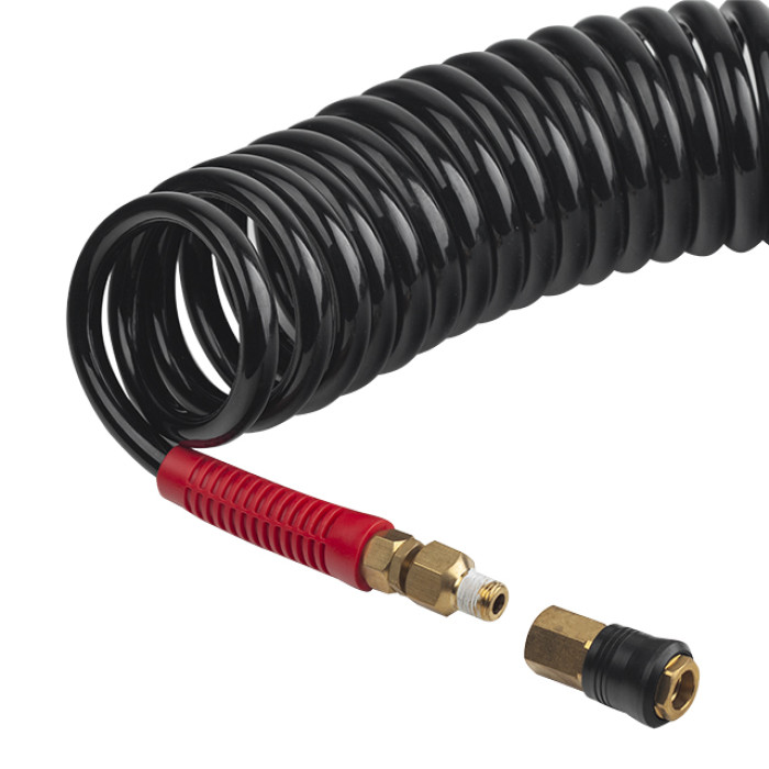 Шланг BLACK M-Flex 8×12 мм, 20 м, спіральний поліуретановий, з поворотним шарніром, латунними швидкороз'ємними з'єднаннями, STORM