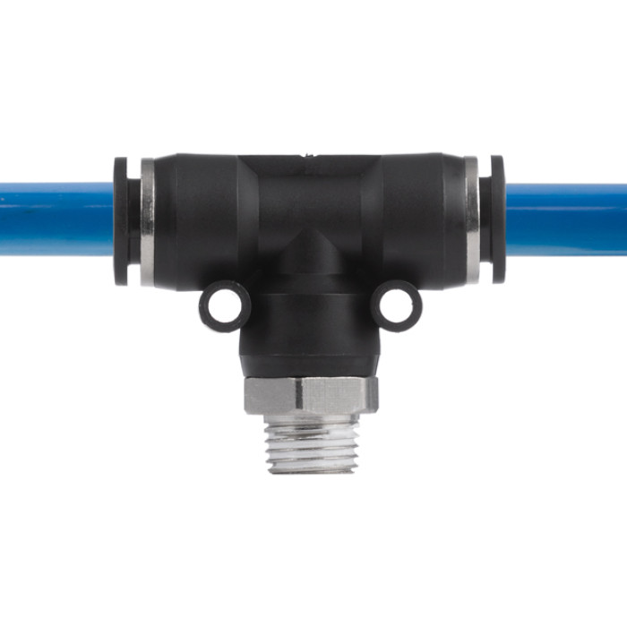 З'єднання цангове Т-образне для поліуретанових та ін. шлангів 10×10 мм, 1/4" зовнішня різьба