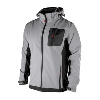 Куртка SOFTSHELL світло-сіро/чорна, з капюшоном, тришарова, стрейч 300 GSM 100D, водо-/вітрозахист, 96% поліестер / 4% еластан, 3 кишені, XXL