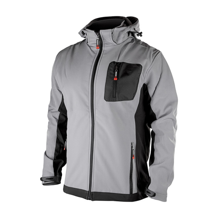 Куртка SOFTSHELL світло-сіро/чорна, з капюшоном, тришарова, стрейч 300 GSM 100D, водо-/вітрозахист, 96% поліестер / 4% еластан, 3 кишені, XXL