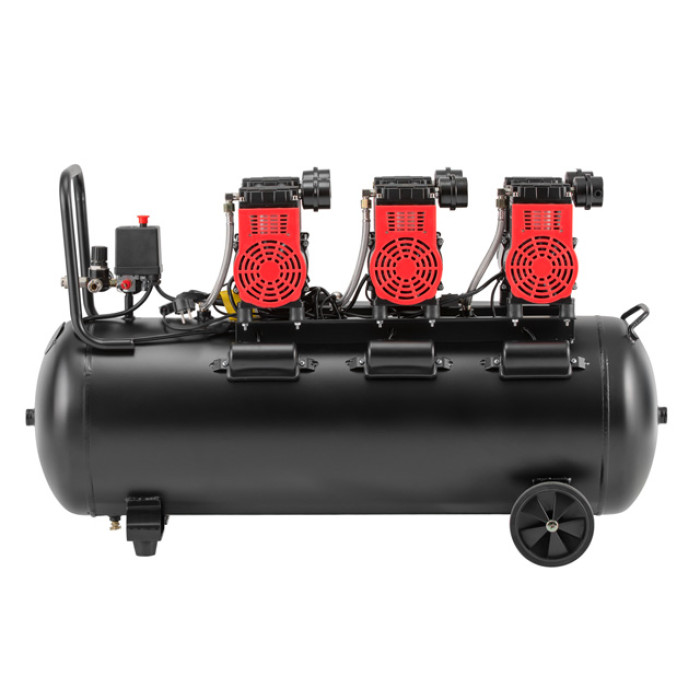 Компресор, 100 л, 3×1,5 кВт, 230 В, 8 атм, 600 л/хв, 1400 об/хв,  безмасляний, 6 циліндрів, 68 дБ