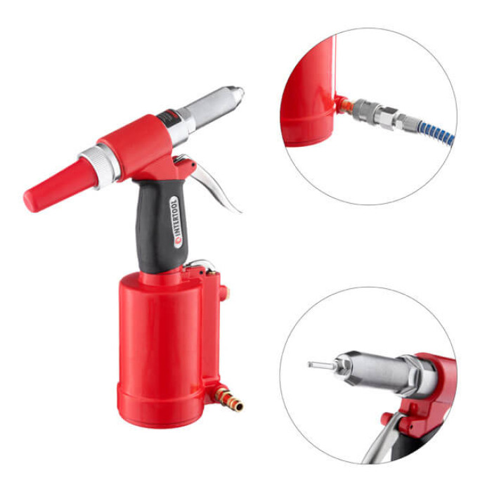 Пістолет заклепувальний, пневматичний, 3,2-4-4,8 мм, до 6 атм, 720 Нм, 10 л/хв, набір аксесуарів, кейс