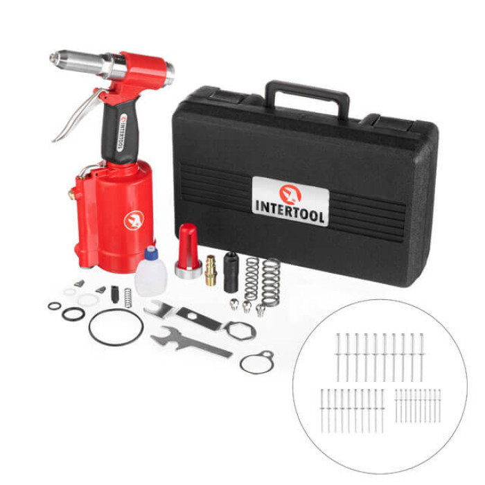 Пістолет заклепувальний, пневматичний, 3,2-4-4,8 мм, до 6 атм, 720 Нм, 10 л/хв, набір аксесуарів, кейс