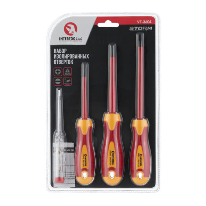 Набір ізольованих викруток з індикатором напруги, 4 од., VDE, Cr-V, 80-125 мм (SL1×5,5 мм, PH1, PH2, викрутка індикатор) STORM