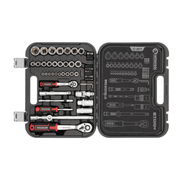 Набір інструментів STORM, 1/2" + 1/4", Cr-V, 73 од., головки: 4-27 мм, біти 33 од., кейс