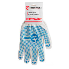 Рукавичка трикотажна, сині ПВХ крапки, 70% бавовна / 30% поліестер, 10", клас в’язки 10, біла, 52 г