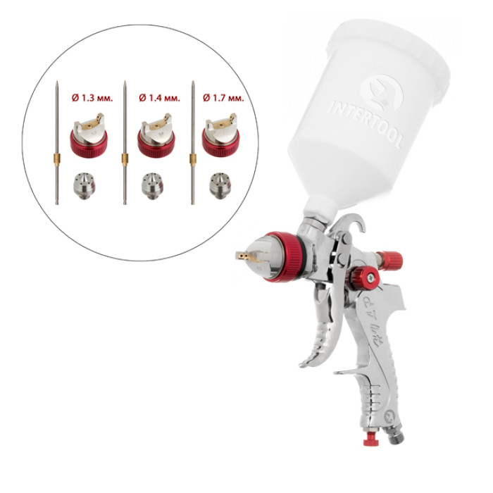 Краскопульт пневматичний HVLP, з набором форсунок: 1,3 мм, 1,4 мм, 1,7 мм, верхній пластиковий бачок: 600 мл, 3 бар