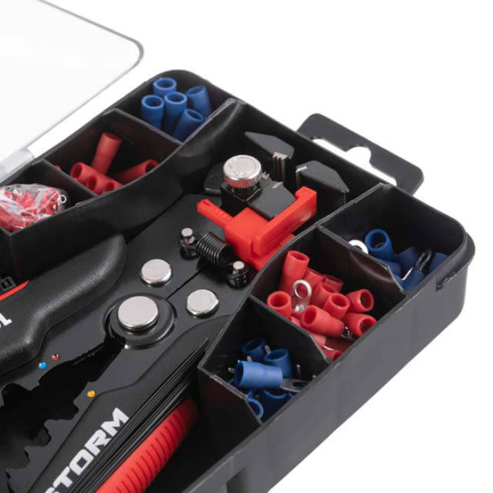 Знімач ізоляції, автоматичний, 0,2-6 мм², Cr12MoV, 200 мм, з набором обтискних клем, STORM