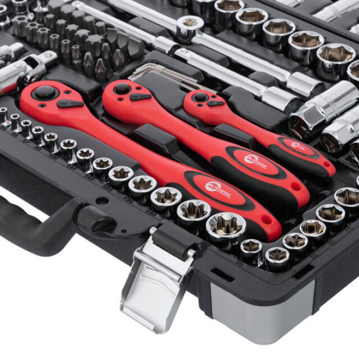 Набір інструментів, проф., 1/2" + 3/8" + 1/4", Cr-V, 151 од., головки: 4-32 мм, E4-E24, біти 54 од., подовж. головки: 4-22 мм, кейс