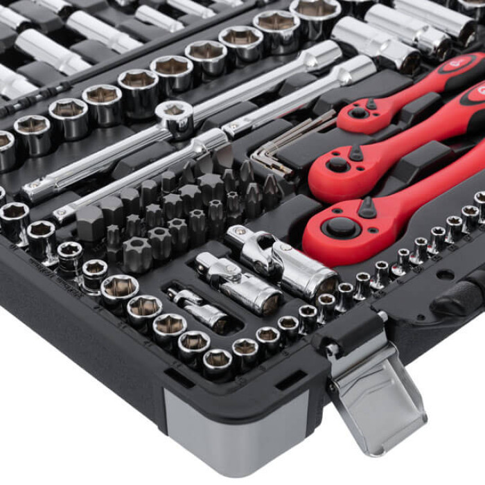 Набір інструментів, проф., 1/2" + 3/8" + 1/4", Cr-V, 151 од., головки: 4-32 мм, E4-E24, біти 54 од., подовж. головки: 4-22 мм, кейс