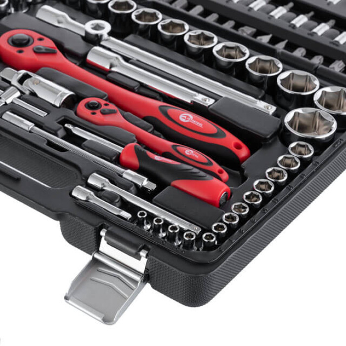 Набір інструментів, проф., 1/2" + 1/4", Cr-V, 94 од., головки: 4-32 мм, біти 32 од., подовж. головки: 6-19 мм, кейс