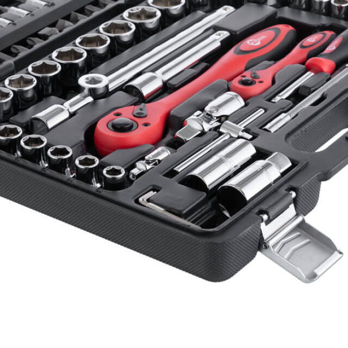 Набір інструментів, проф., 1/2" + 1/4", Cr-V, 94 од., головки: 4-32 мм, біти 32 од., подовж. головки: 6-19 мм, кейс