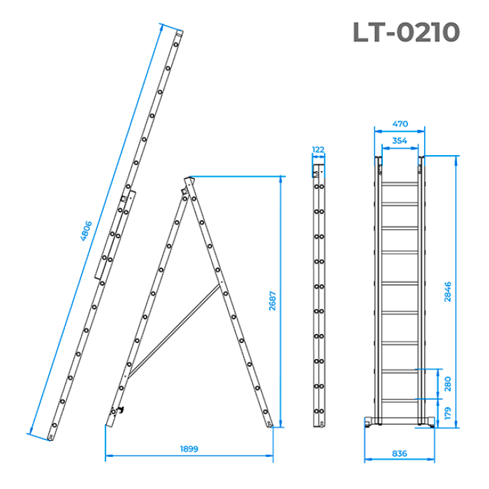Драбина алюмінієва, 2‑секційна універсальна розкладна, 2×10 сход., 4,81 м, 150 кг