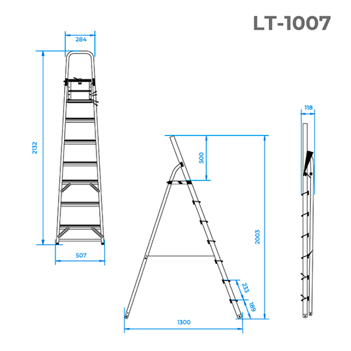 Драбина алюмінієва, 7 сходинок, висота: 2005 мм, висота до платформи: 1500 мм, 150 кг