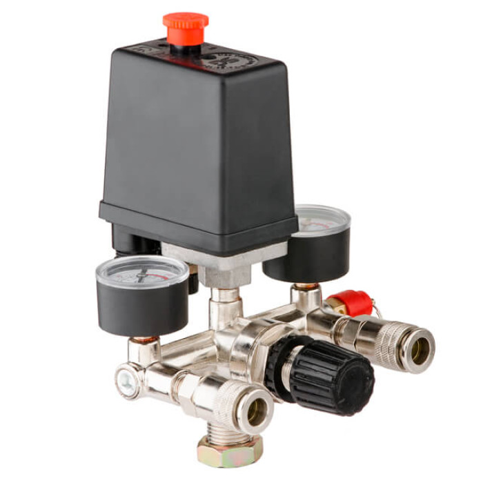 Пресостат 220 В (блок автоматики компресора) в зборі: пресостат, редуктор, 2 манометри, запобіжний клапан, 2 виходи