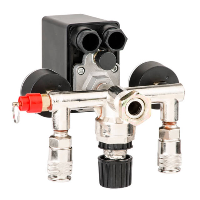 Пресостат 220 В (блок автоматики компресора) в зборі: пресостат, редуктор, 2 манометри, запобіжний клапан, 2 виходи