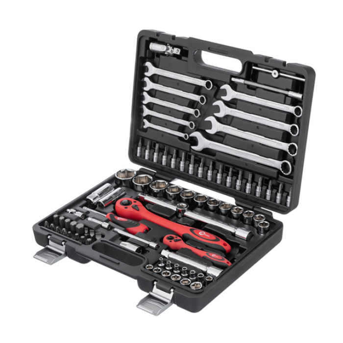Набір інструментів, проф., 1/2" + 1/4", Cr-V, 82 од., головки: 4-32 мм, біти 33 од., ключі: 8-19 мм, кейс