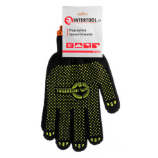 Рукавичка трикотажна з платіровкою, жовті ПВХ крапки, 60% бавовна / 40% поліестер, 10", клас в’язки 7, чорна, 90 г