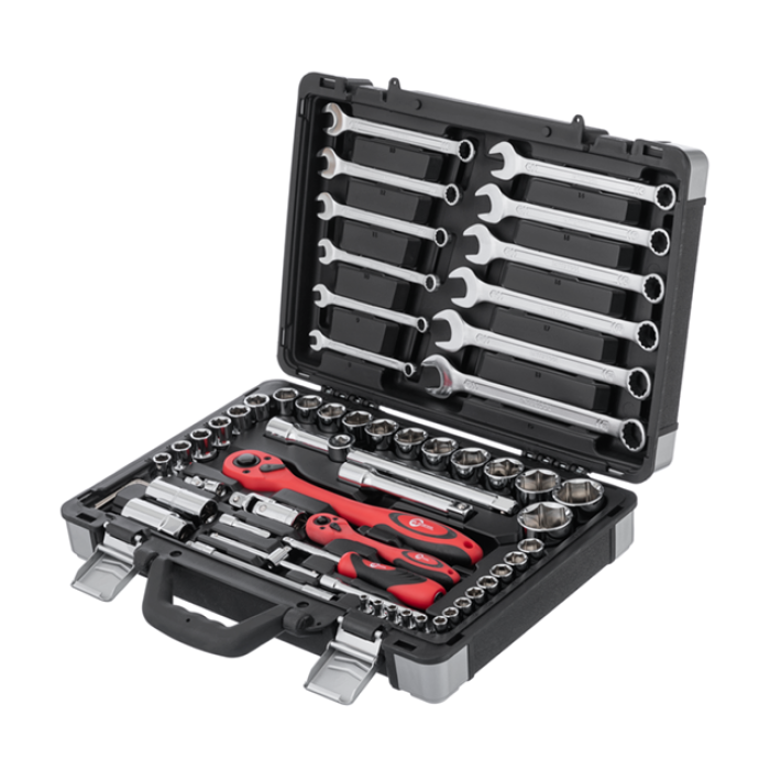Набір інструментів, проф., 1/2" + 1/4", 61 од., головки: 4-32 мм, ключі: 8-19 мм, кейс