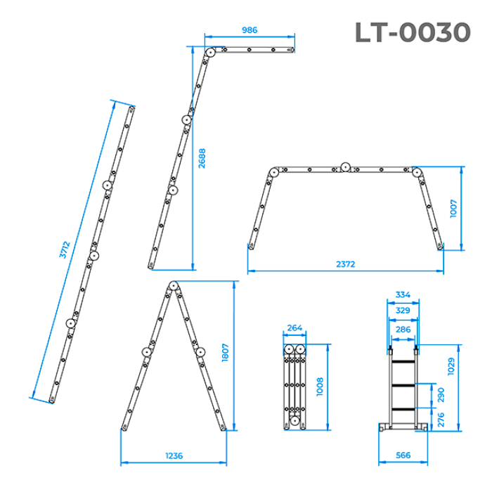 Драбина алюмінієва багатофункціональна трансформер, 4×3 сходинки, 3,50 м, 150 кг