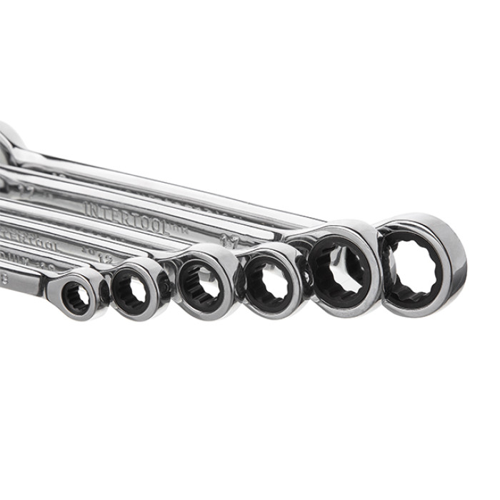 Набір ключів комбінованих, з тріскачкою, 12 шт., 8-19 мм, Cr-V, професійний, DIN3113