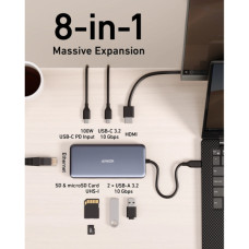 Концентратор USB-C 8-in-1 1xUSB-C PD100W + 1xHDMI + 2xUSB-A + 1xUSB-C 10Gbps + 1xRJ45 + SD black Anker (A83830A2)