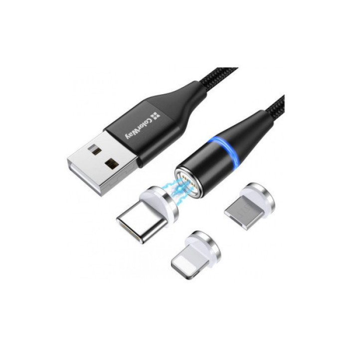 Дата кабель USB 2.0 AM to Lightning + Micro 5P + USB-C 1.0m Magnetic ColorWay (CW-CBUU038-BK)