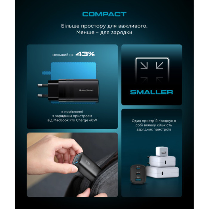 Зарядний пристрій Armorstandart 2xUSB-C + 1xUSB 67W GaN black (ARM88384)