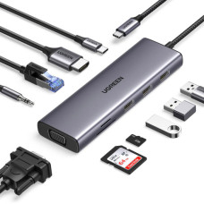 Концентратор Ugreen USB3.1 Type-C to HDMI/VGA/USB 3.0х3/RJ45/SD/TF/PD/35мм TRRS 100W 10-in-1 (15601)