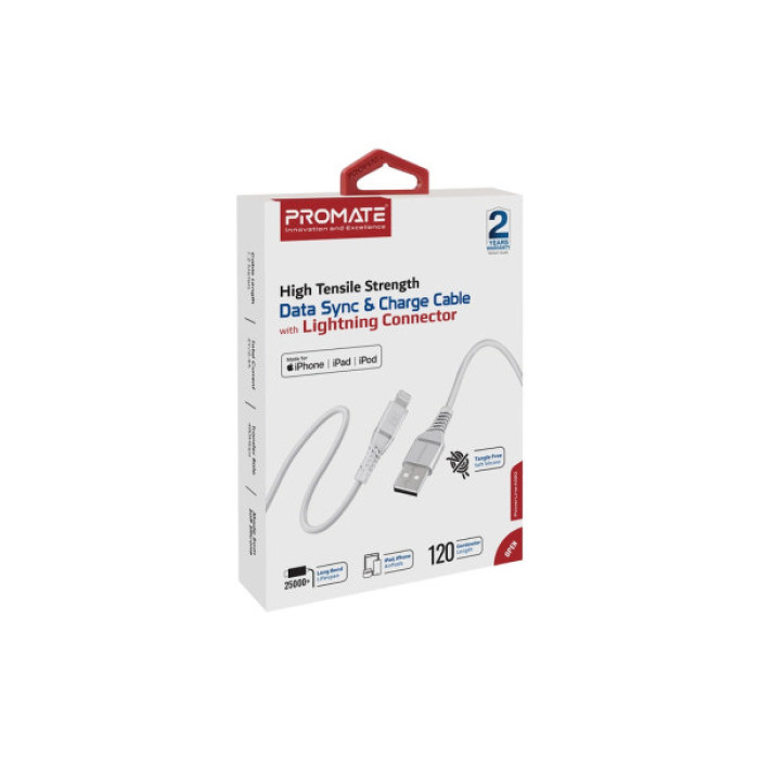 Дата кабель USB 2.0 AM to Lightning 1.2m 2.4A MFi PowerLine-Ai120 white Promate (powerline-ai120.white)