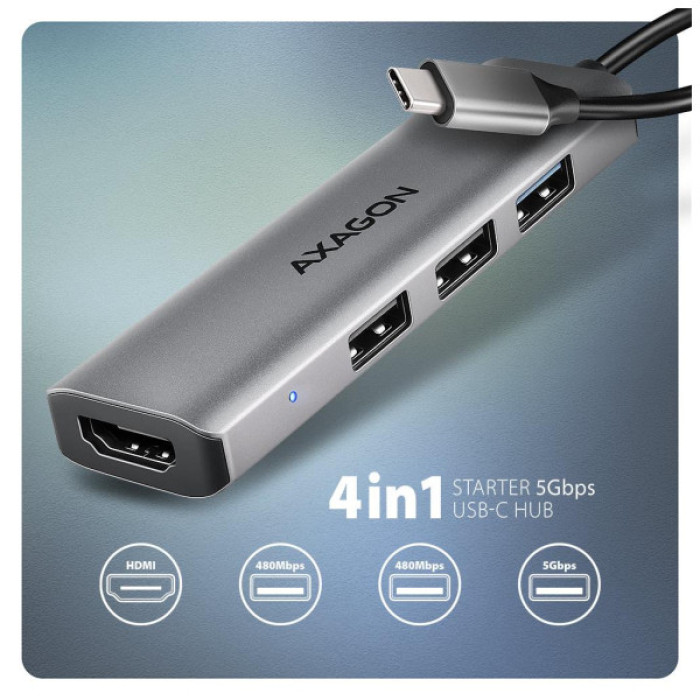 Концентратор AXAGON USB-C to 3xUSB-A + HDMI 0.15m gray (HMC-H3A)