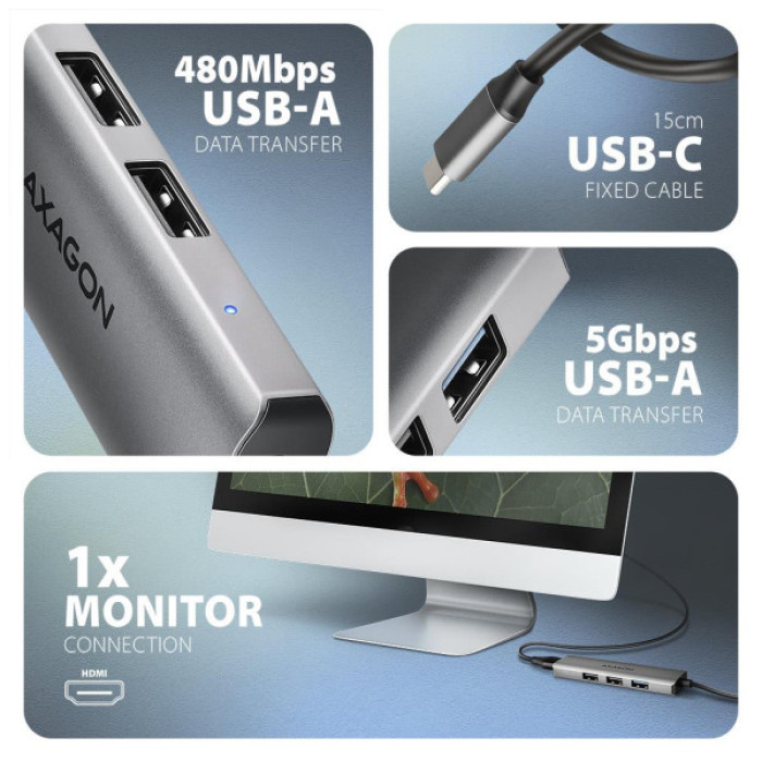 Концентратор AXAGON USB-C to 3xUSB-A + HDMI 0.15m gray (HMC-H3A)