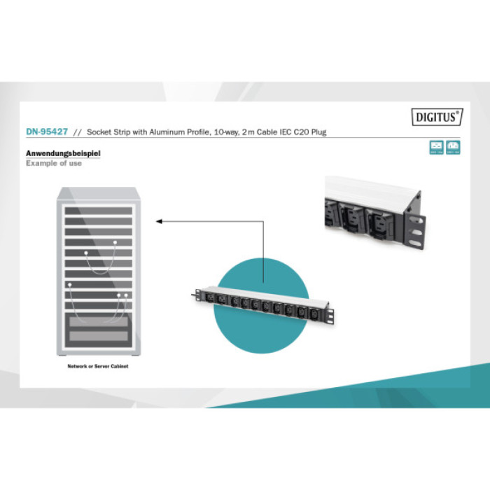 Силовий блок 19" 1U w/PDU 8xC13, 2xC19, 16A, 250V, вилка C20 Digitus (DN-95427)