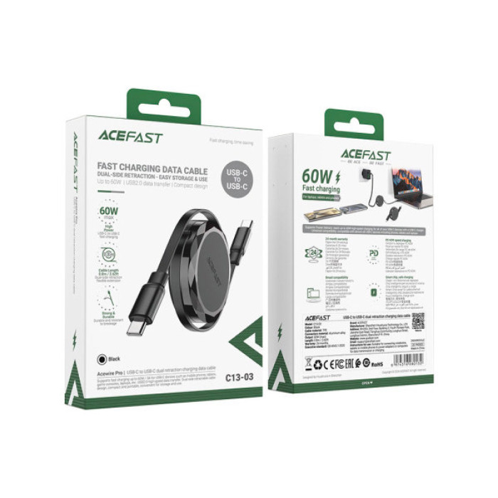 Дата кабель USB-C to USB-C 0.8m 60W dual retraction C13-03 Black Acefast (6974316280132)