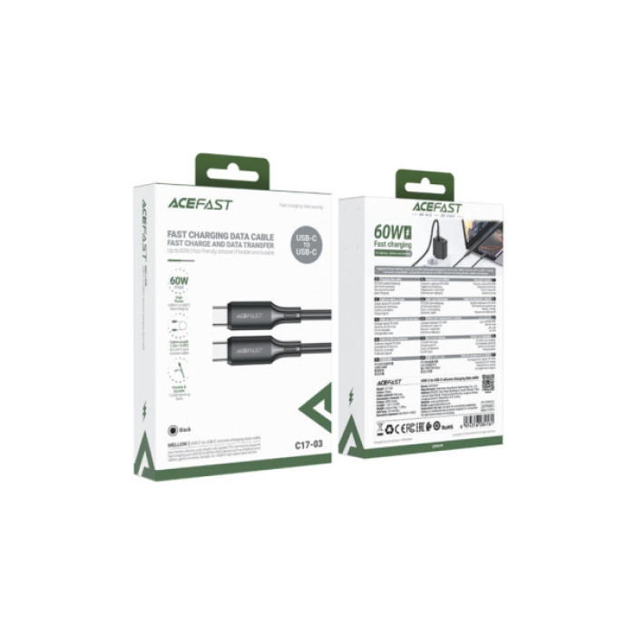 Дата кабель USB-C to USB-C 1.2m 3A 60W silicone black Acefast (6974316284161)