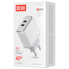 Зарядний пристрій ColorWay Power Delivery Port PPS USB (Type-C PD + Type-C PD) (40W) white (CW-CHS048PD-WT)