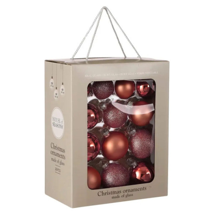 Ялинкова іграшка House Of Seasons Скляні кульки 26 шт D7 см D6 см D5 см Темно-рожеві (8720362102847)