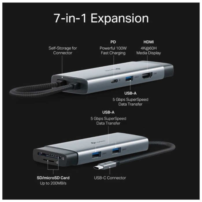 Концентратор TP-Link USB-C 7-in-1 3xUSB + HDMI + SD/TF + USB-C PD100W (UH7021C)