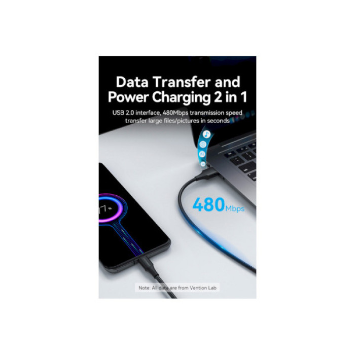 Дата кабель USB 2.0 AM to USB-C 1.5m 3A 18W PVC black Vention (CTHBG)